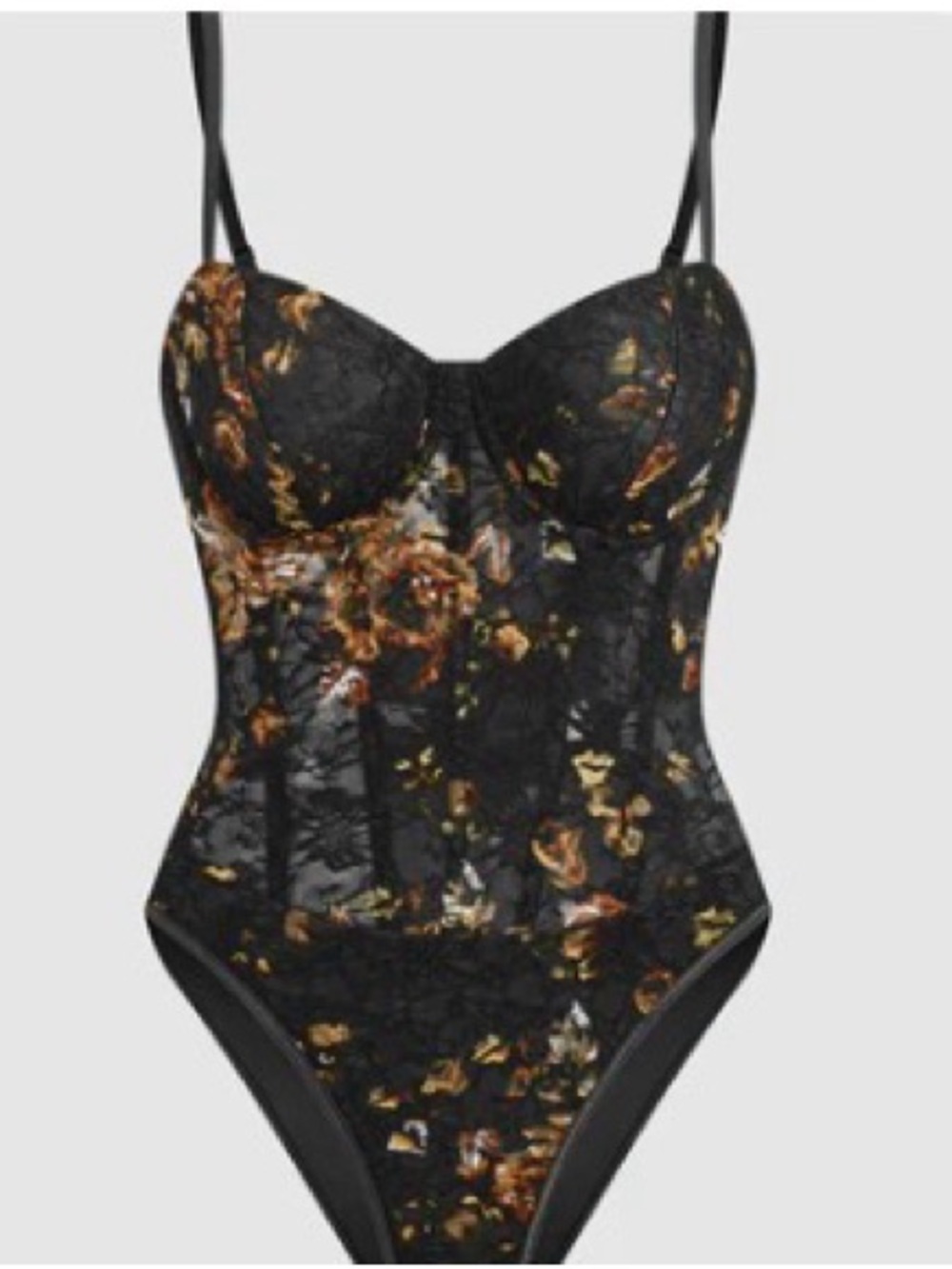 Commense Black Lace Trim Bodysuit with Gold Accents